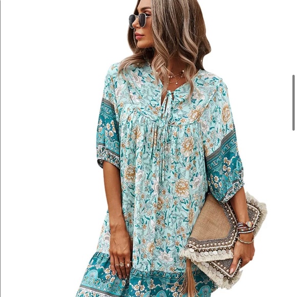 (Last 1) New just in!Boho floral summer dress A-line in MINT color. - Picture 2 of 6